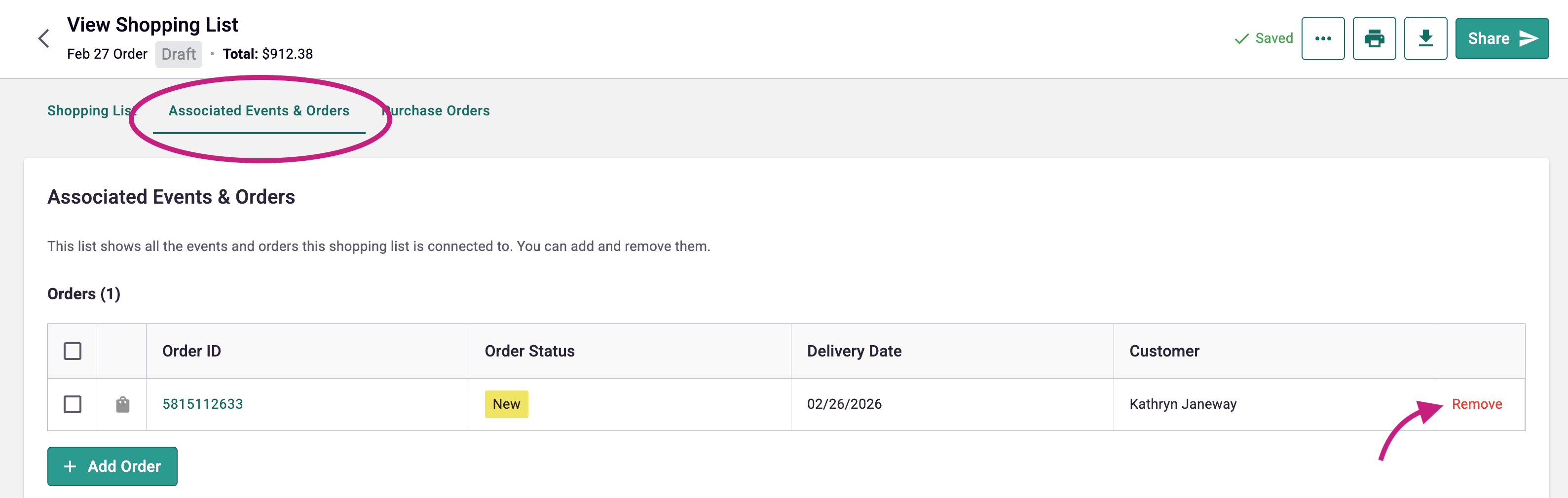 Remove order from shopping list