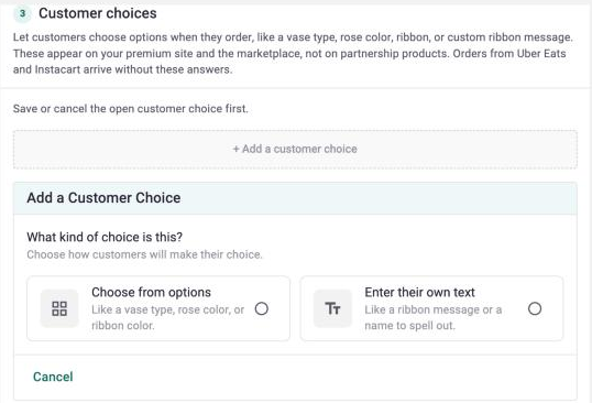 The Customer choices section on the Create Product page, asking whether the choice is Choose from options or Enter their own text