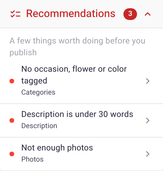 The Recommendations panel listing things to do before publishing, like tagging occasions and adding more photos