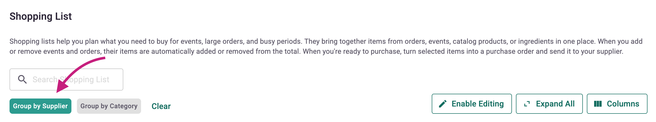 Group shopping list by supplier or category