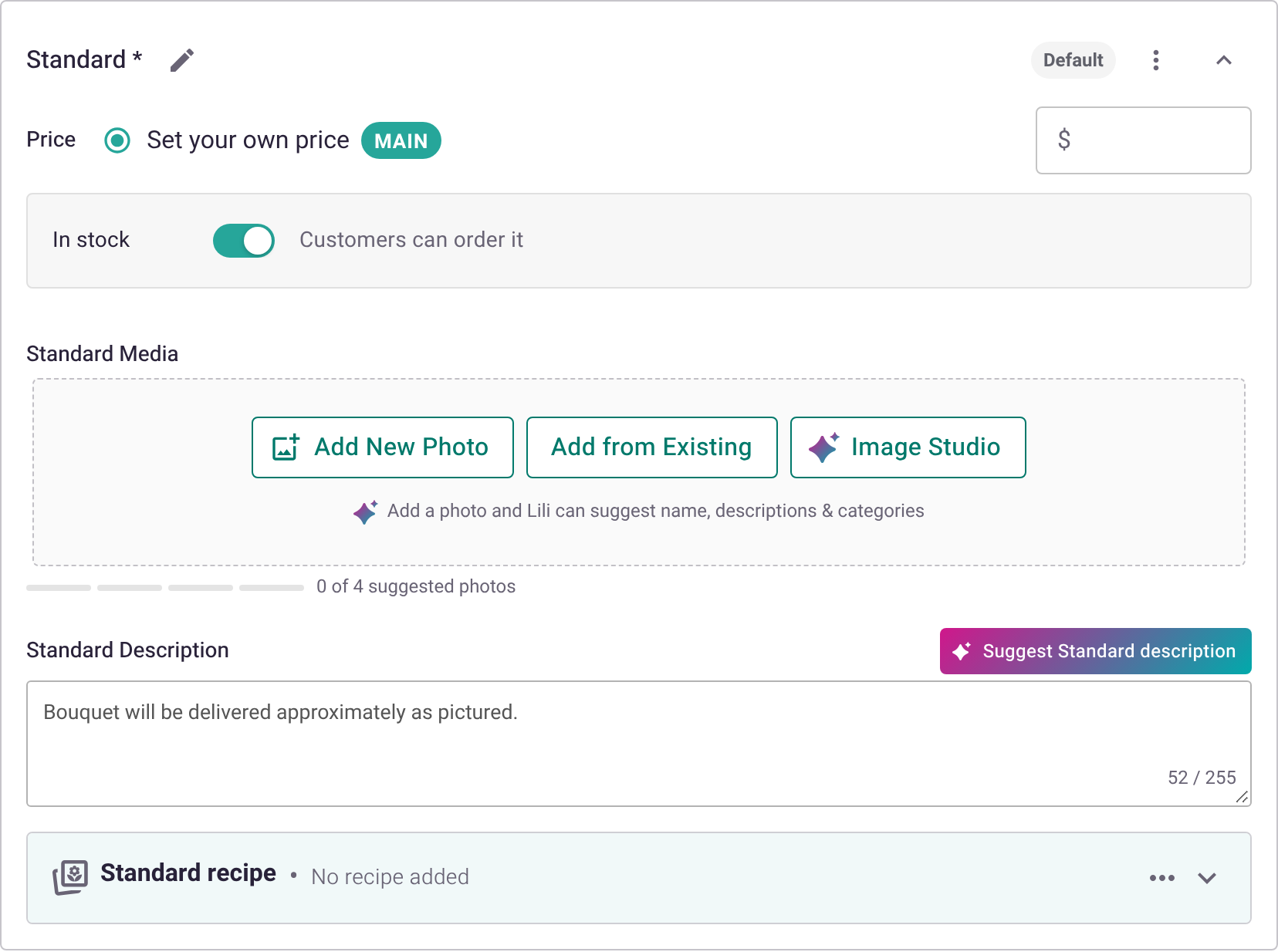 The Standard variant card with price, In stock toggle, media, description, and recipe