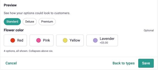 Preview of the Flower color choice as customers see it, with color swatches and +$5.00 shown under Lavender