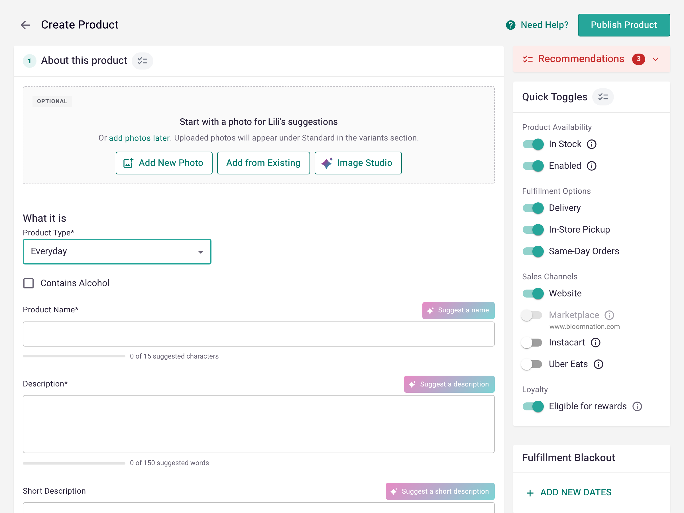 The Create Product page, with About this product on the left and Recommendations and Quick Toggles on the right