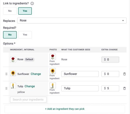 A Flower type choice linked to ingredients, replacing Rose with Sunflower or Tulip, with ingredient photos and a $5 extra charge for Tulip