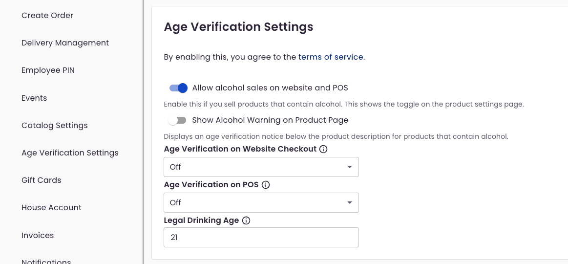 Settings for the Dashboard Age Verification