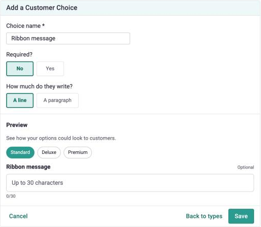 A Ribbon message text choice set to A line, with a preview showing the 30 character limit
