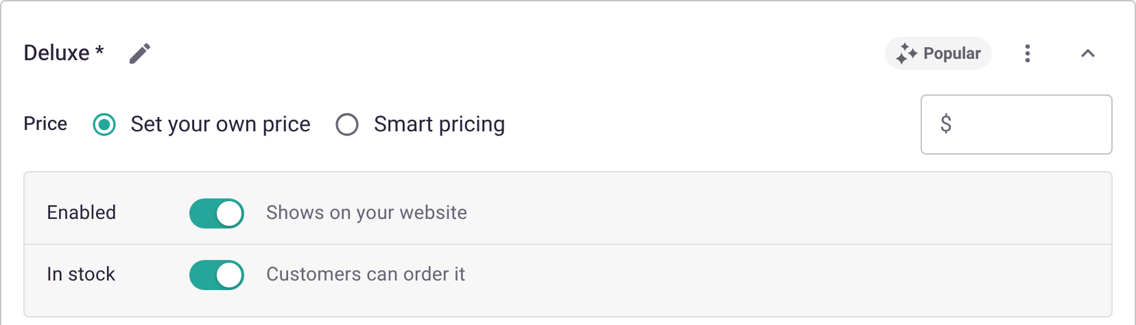 The Deluxe variant card with Set your own price or Smart pricing, plus Enabled and In stock toggles