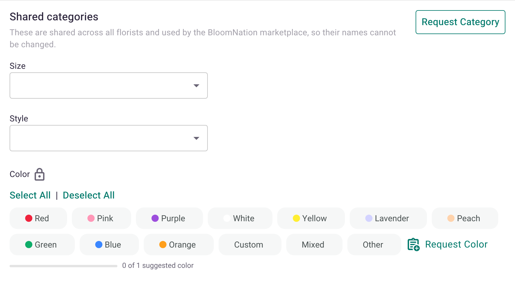 The Categories section showing shared categories for Size, Style, and Color