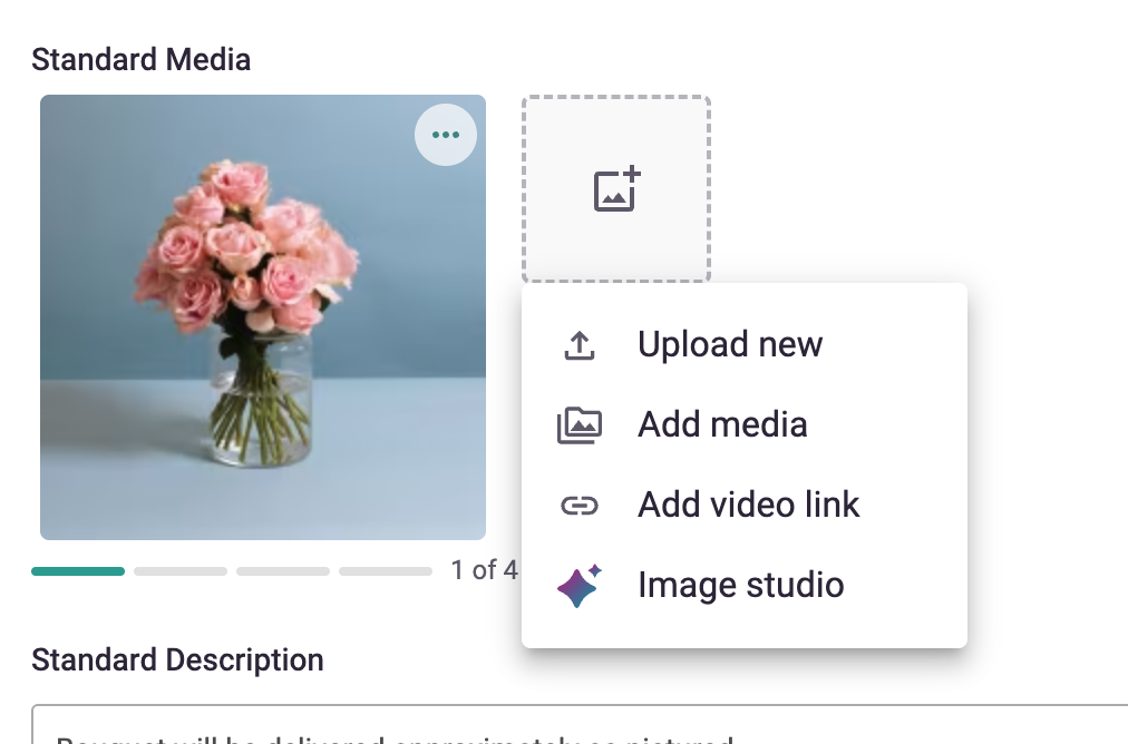The add media menu on a variant card, with Upload new, Add media, Add video link, and Image studio